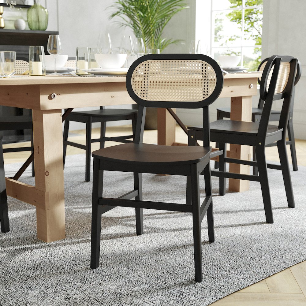 Set of 2 Cane Rattan Dining and Event Chairs with Solid Wood Frame and Seat