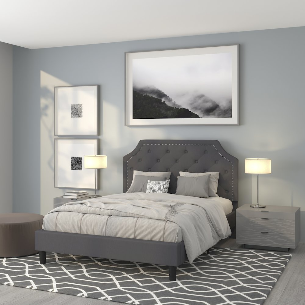 Queen Size Tufted Upholstered Platform Bed in Dark Gray Fabric