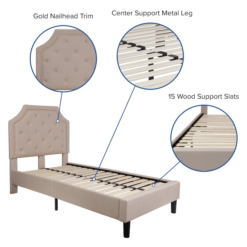 Twin Size Tufted Upholstered Platform Bed in Beige Fabric
