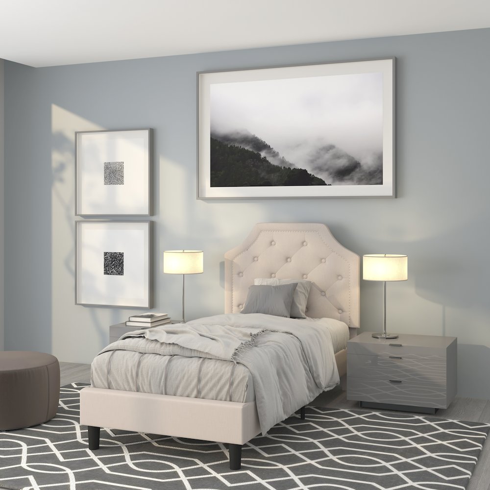 Twin Size Tufted Upholstered Platform Bed in Beige Fabric