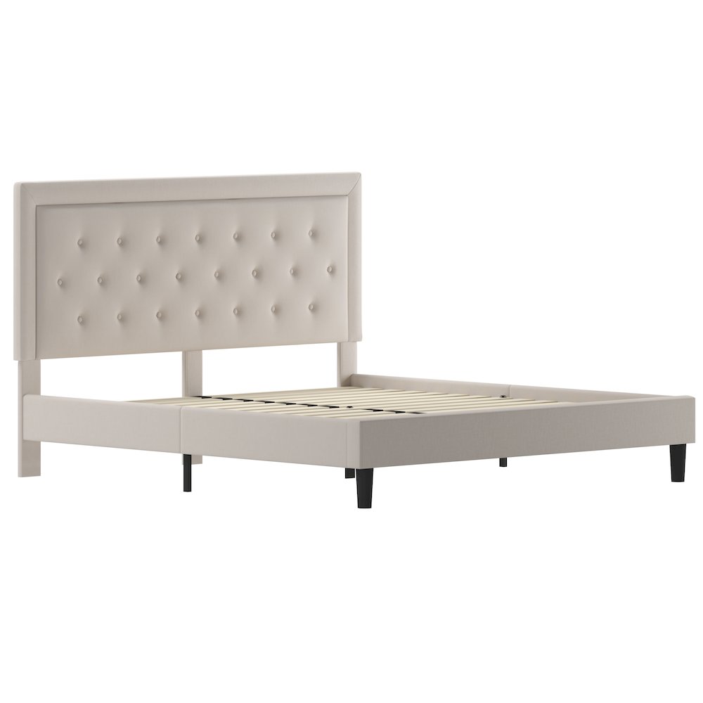 King Size Tufted Upholstered Platform Bed in Beige Fabric