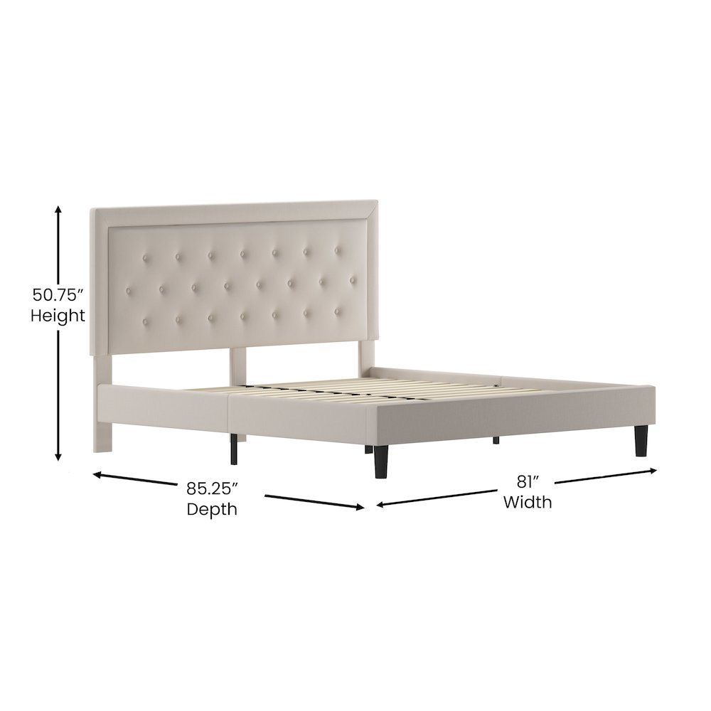 King Size Tufted Upholstered Platform Bed in Beige Fabric