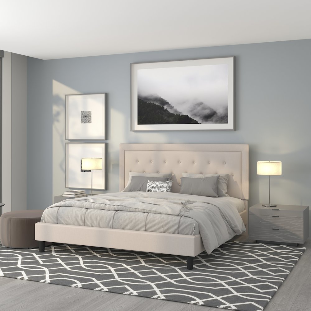 King Size Tufted Upholstered Platform Bed in Beige Fabric