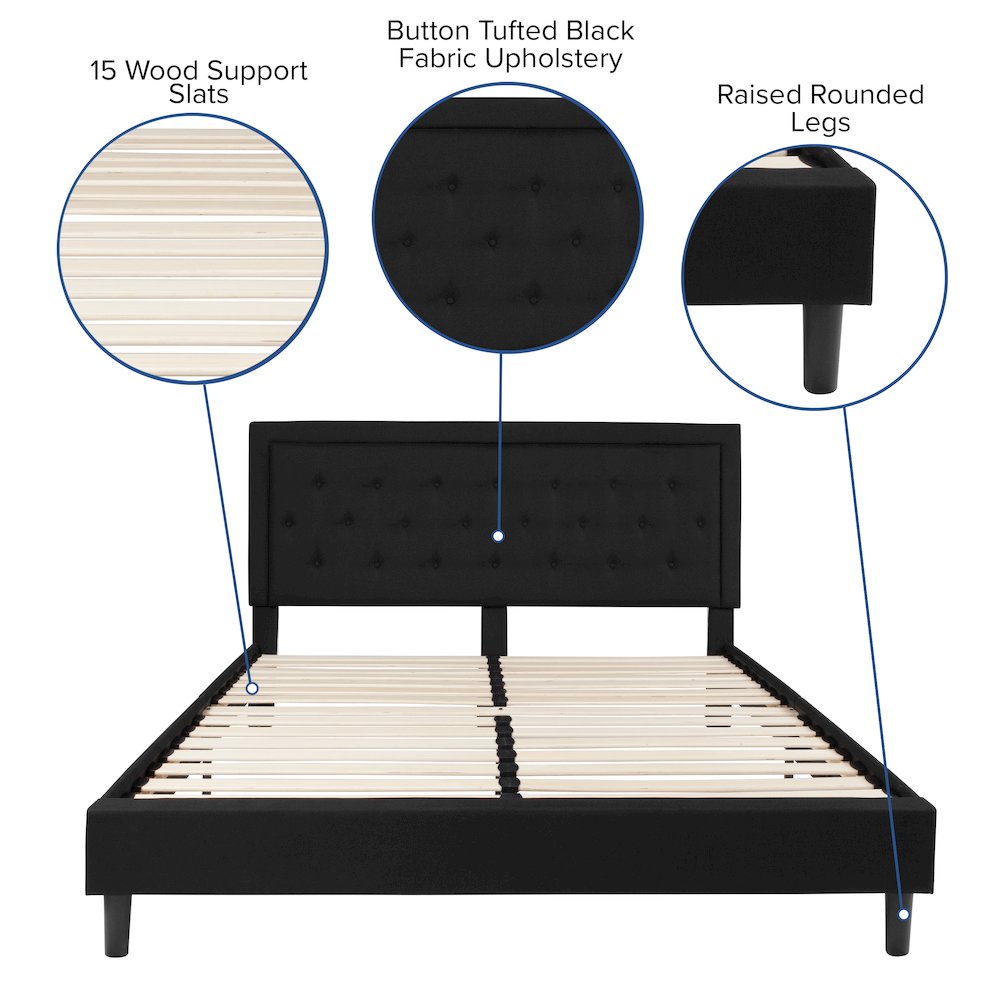King Size Tufted Upholstered Platform Bed in Black Fabric