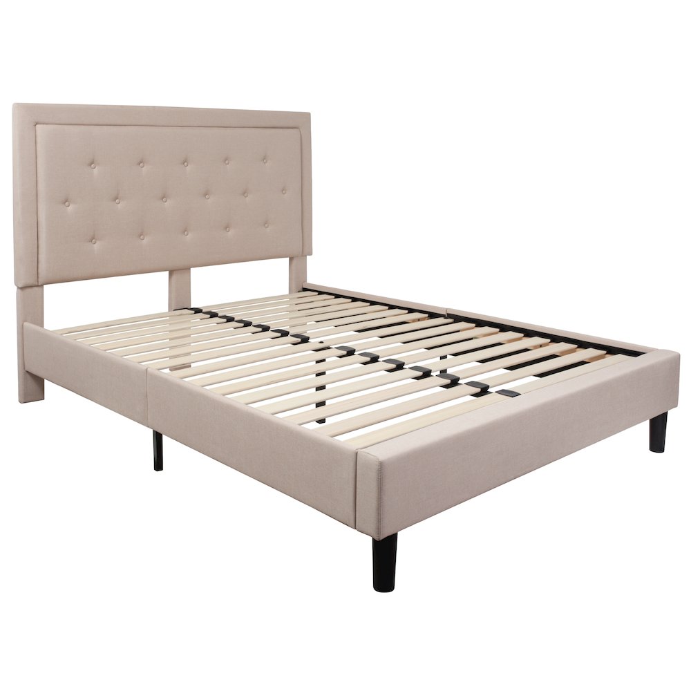 Queen Size Tufted Upholstered Platform Bed in Beige Fabric