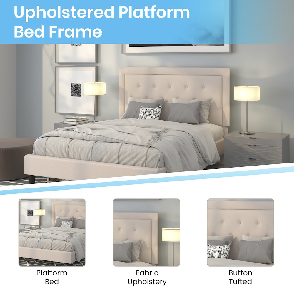 Queen Size Tufted Upholstered Platform Bed in Beige Fabric