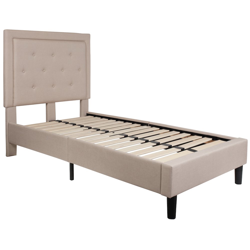 Twin Size Tufted Upholstered Platform Bed in Beige Fabric