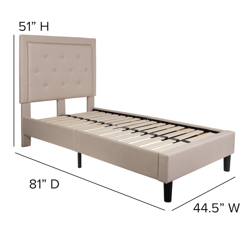 Twin Size Tufted Upholstered Platform Bed in Beige Fabric