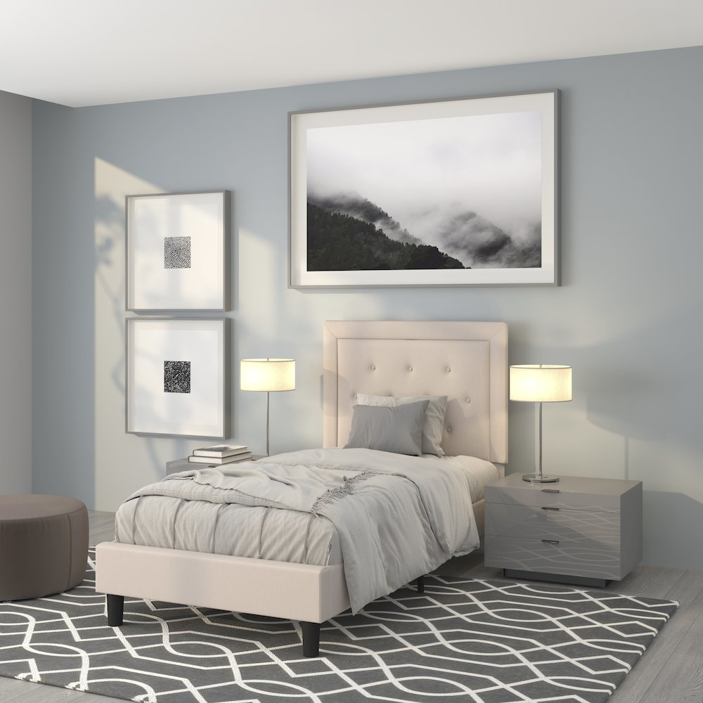 Twin Size Tufted Upholstered Platform Bed in Beige Fabric
