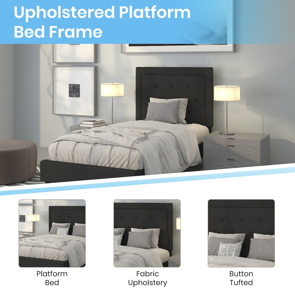 Twin Size Tufted Upholstered Platform Bed in Black Fabric