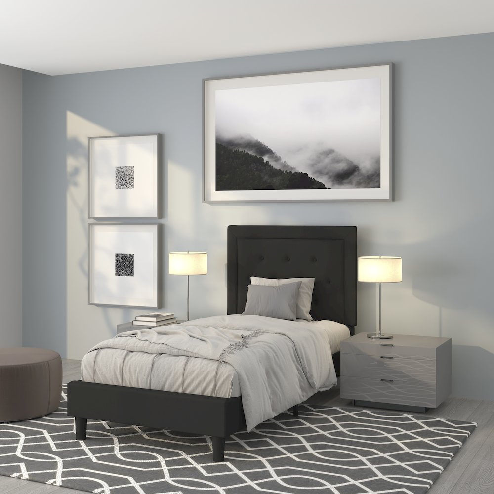 Twin Size Tufted Upholstered Platform Bed in Black Fabric