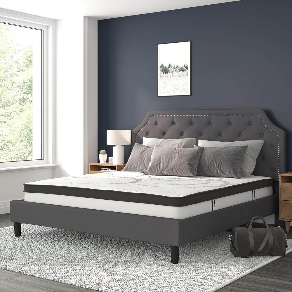 King Size Tufted Upholstered Platform Bed in Dark Gray Fabric