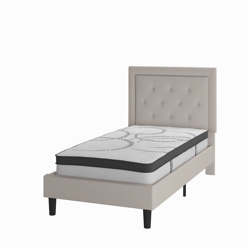 Twin Size Tufted Upholstered Platform Bed in Beige Fabric