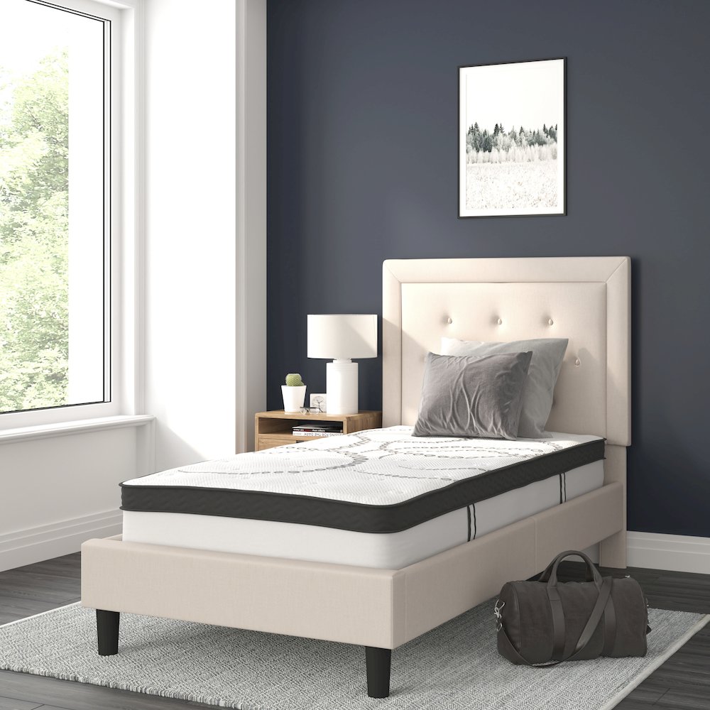 Twin Size Tufted Upholstered Platform Bed in Beige Fabric