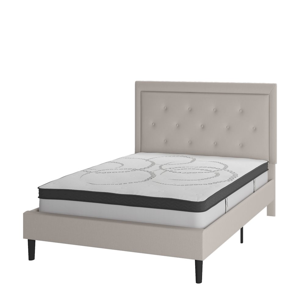 Full Size Tufted Upholstered Platform Bed in Beige Fabric