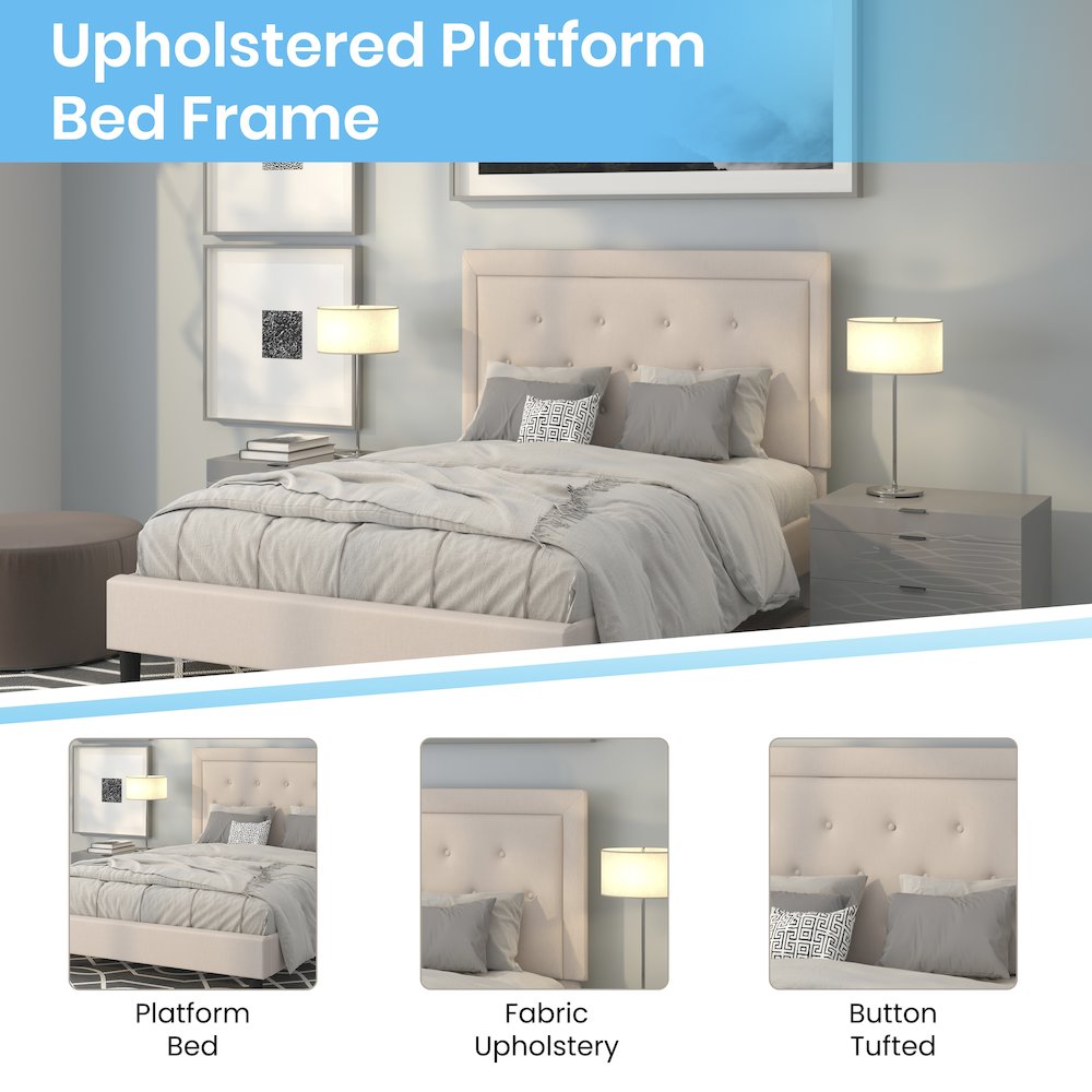 Full Size Tufted Upholstered Platform Bed in Beige Fabric
