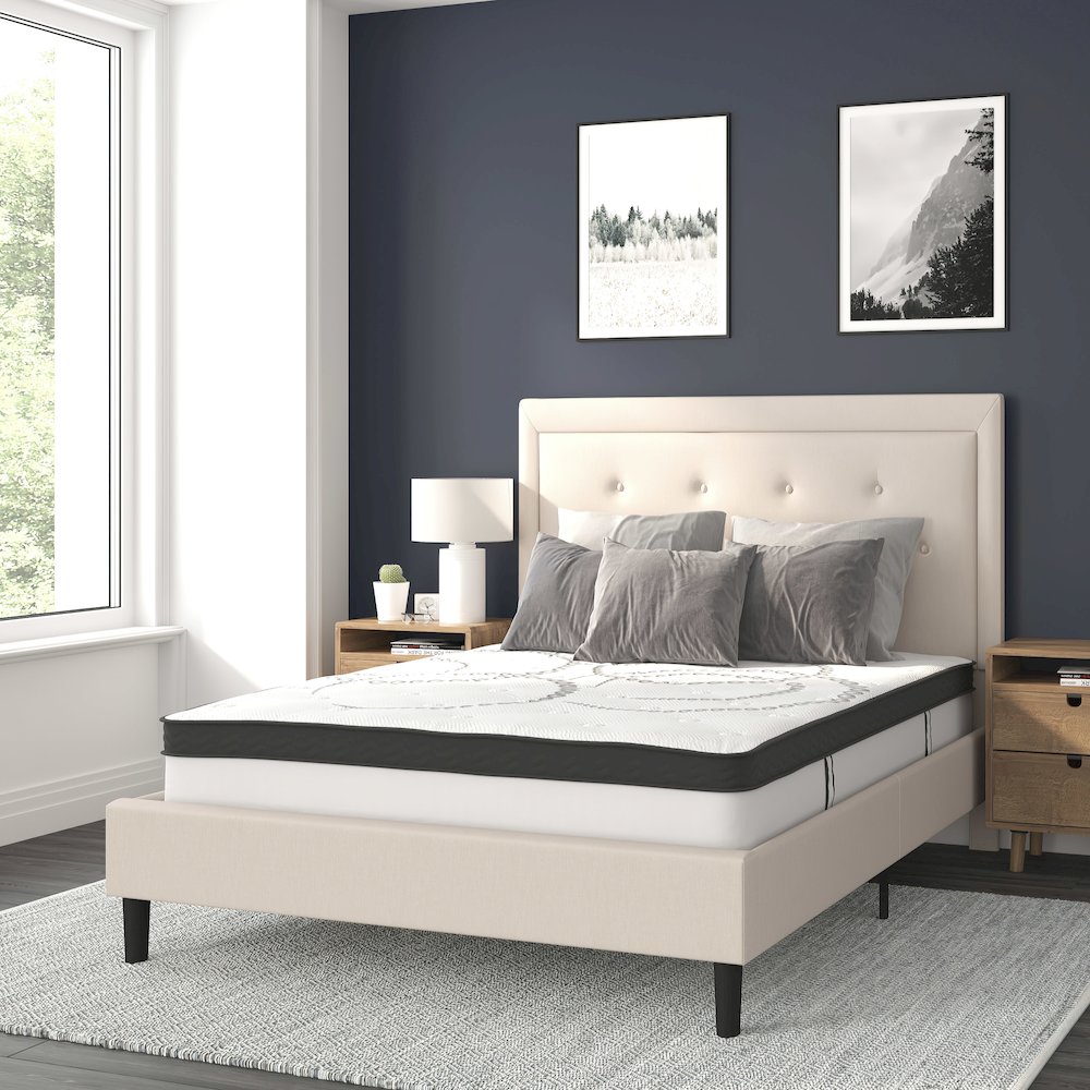 Full Size Tufted Upholstered Platform Bed in Beige Fabric