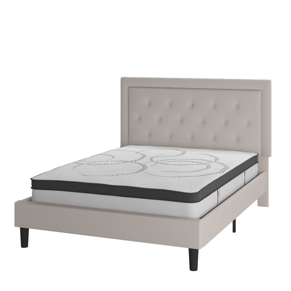 Queen Size Tufted Upholstered Platform Bed in Beige Fabric