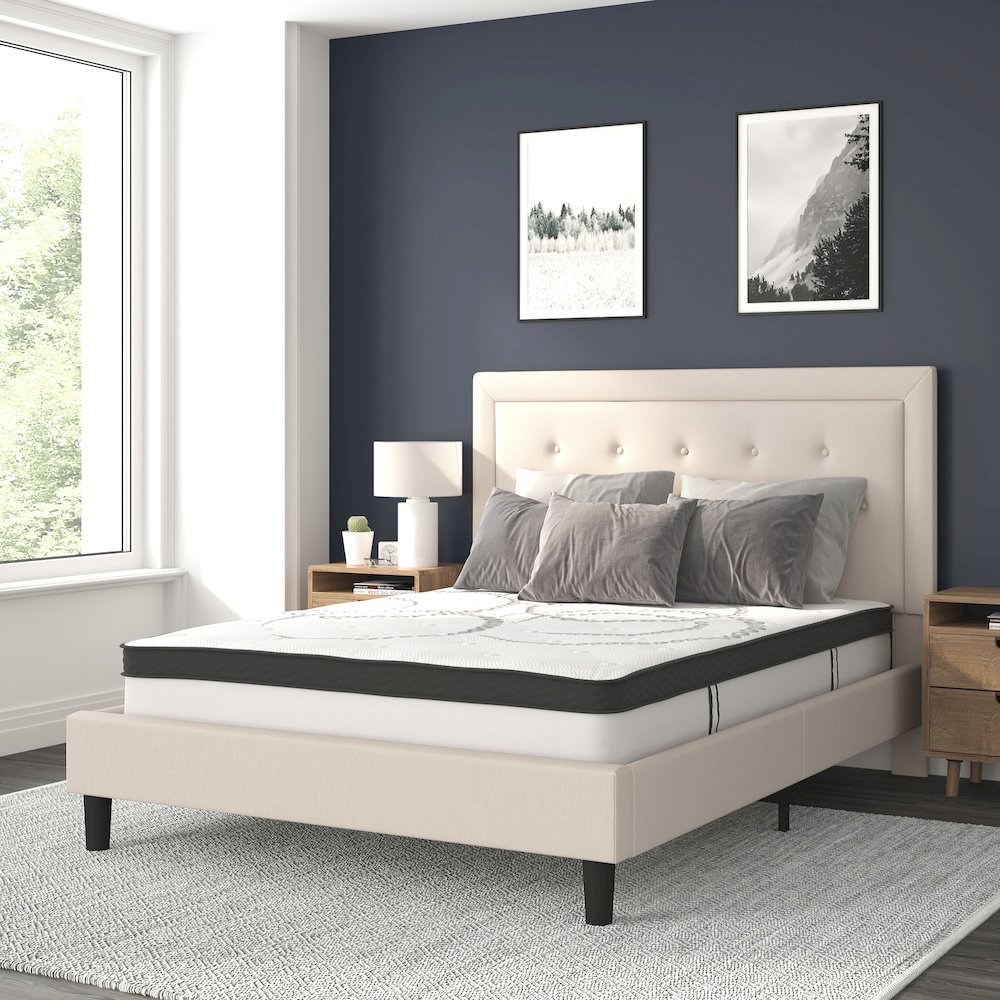 Queen Size Tufted Upholstered Platform Bed in Beige Fabric
