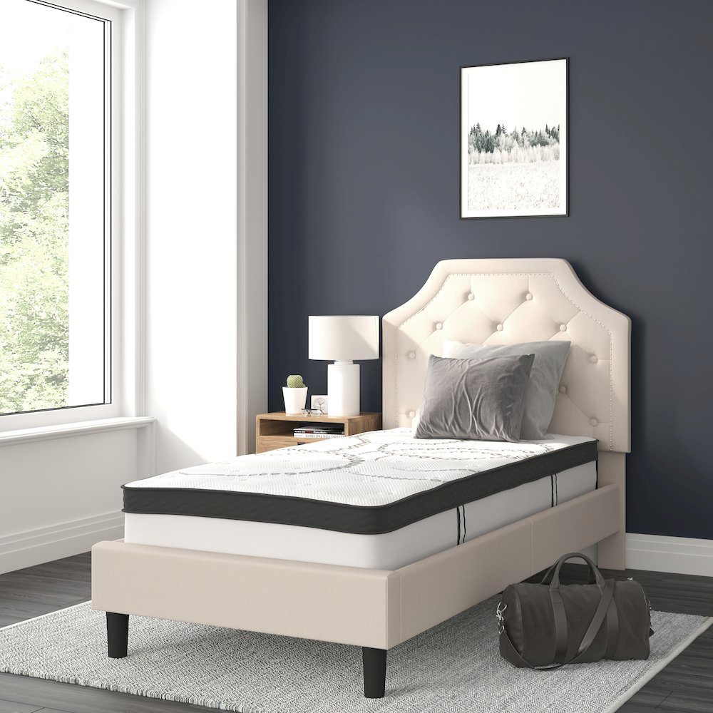 Twin Size Tufted Upholstered Platform Bed in Beige Fabric