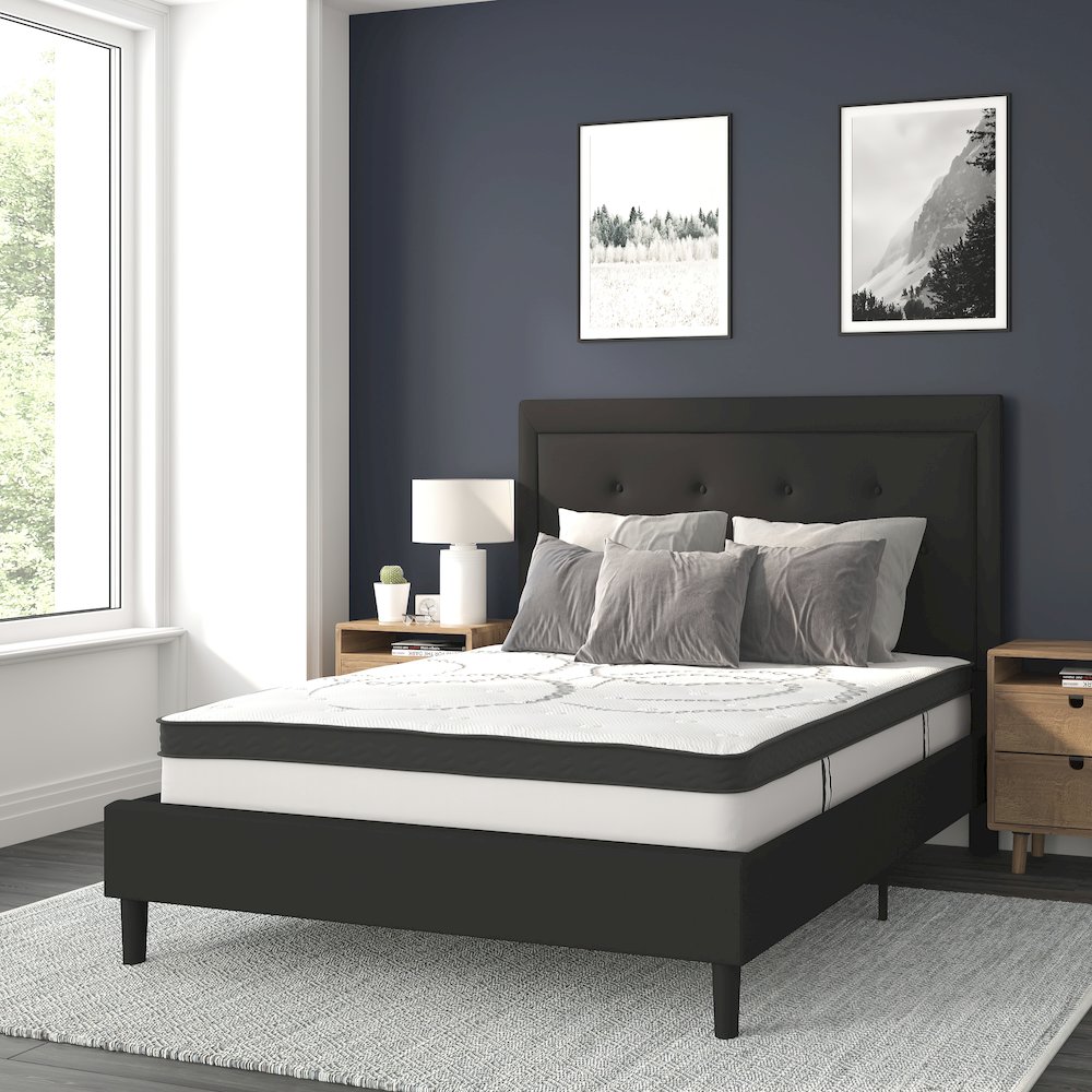 Full Size Tufted Upholstered Platform Bed in Black Fabric