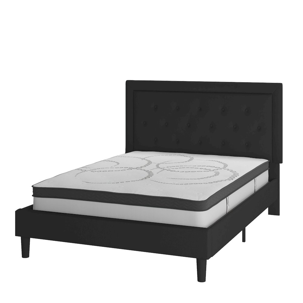Queen Size Tufted Upholstered Platform Bed in Black Fabric