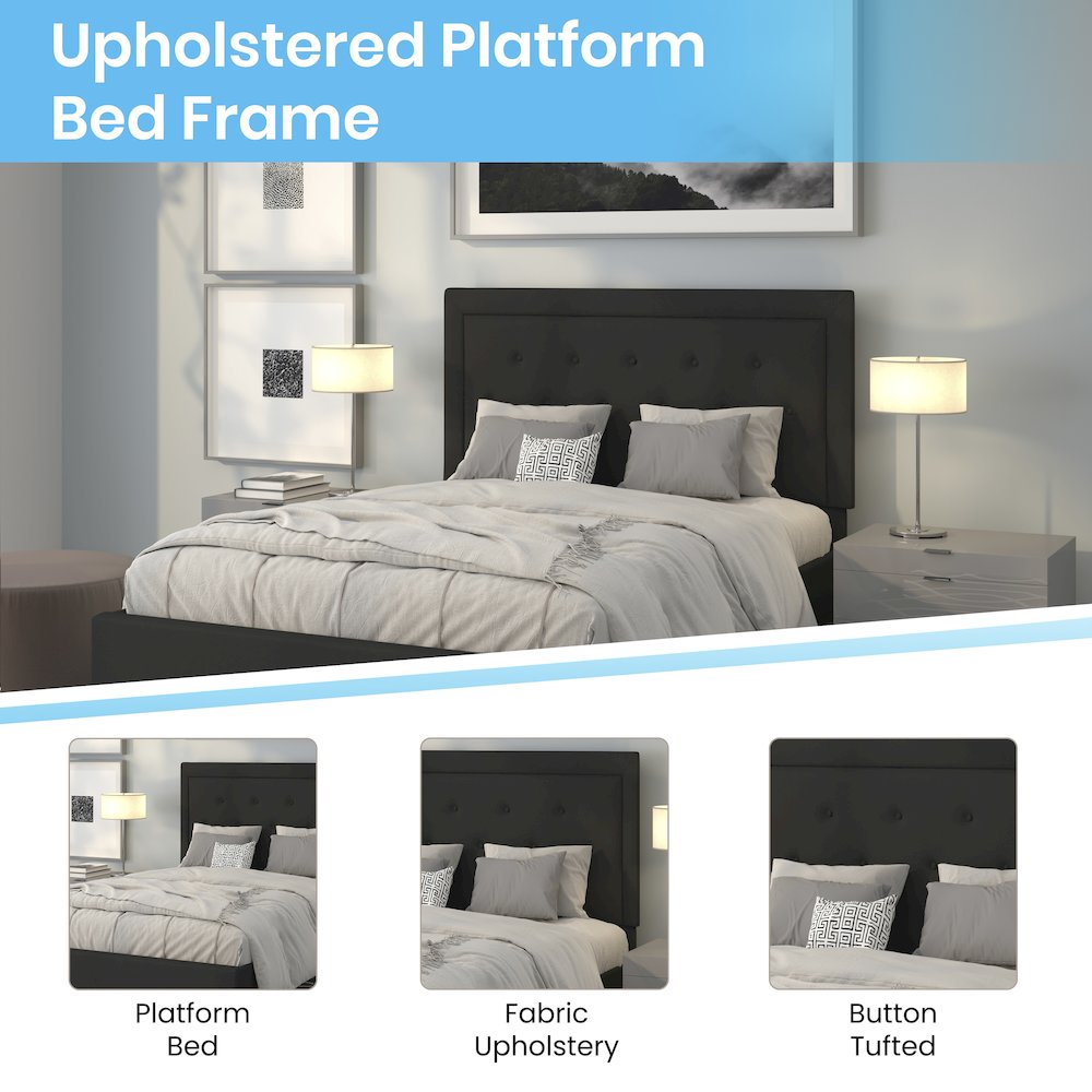 Queen Size Tufted Upholstered Platform Bed in Black Fabric