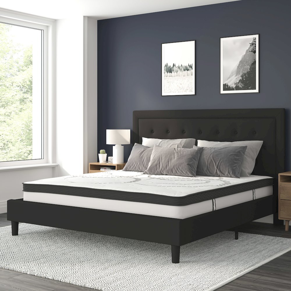 King Size Tufted Upholstered Platform Bed in Black Fabric