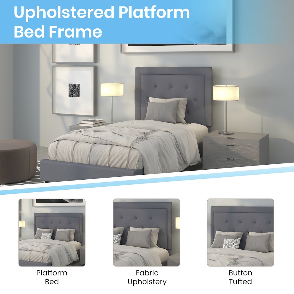 Twin Size Tufted Upholstered Platform Bed in Light Gray Fabric