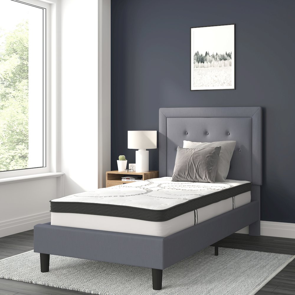 Twin Size Tufted Upholstered Platform Bed in Light Gray Fabric