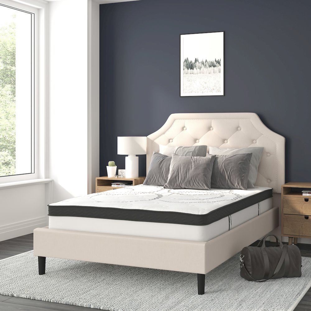 Full Size Tufted Upholstered Platform Bed in Beige Fabric