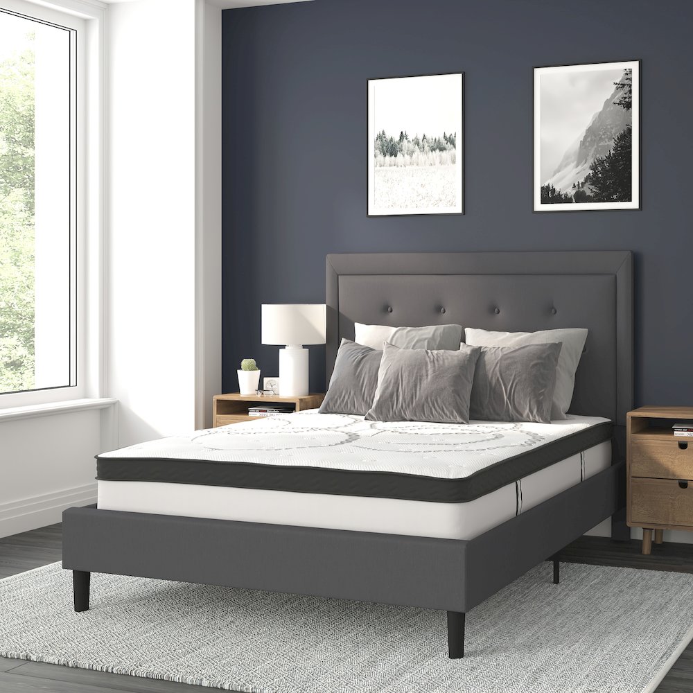 Full Size Tufted Upholstered Platform Bed in Dark Gray Fabric