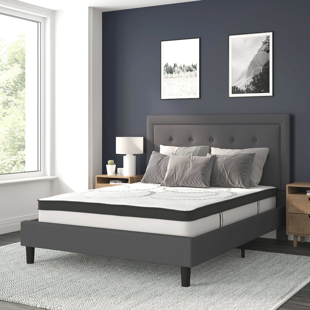Queen Size Tufted Upholstered Platform Bed in Dark Gray Fabric