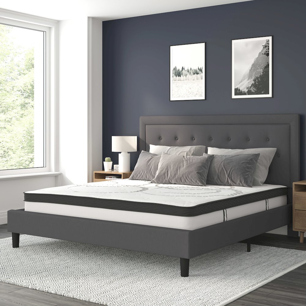 King Size Tufted Upholstered Platform Bed in Dark Gray Fabric