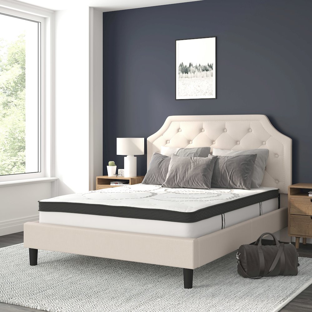 Queen Size Tufted Upholstered Platform Bed in Beige Fabric