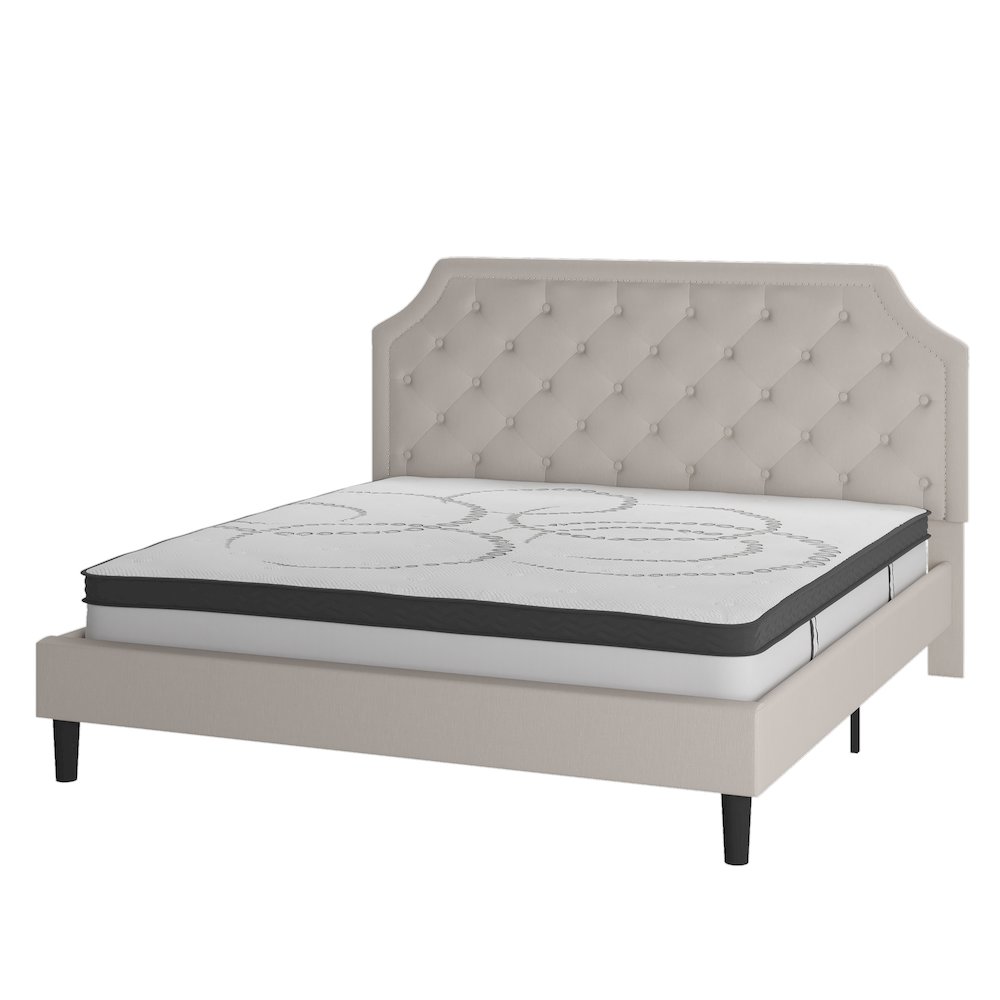 King Size Tufted Upholstered Platform Bed in Beige Fabric
