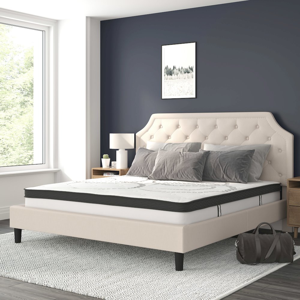 King Size Tufted Upholstered Platform Bed in Beige Fabric