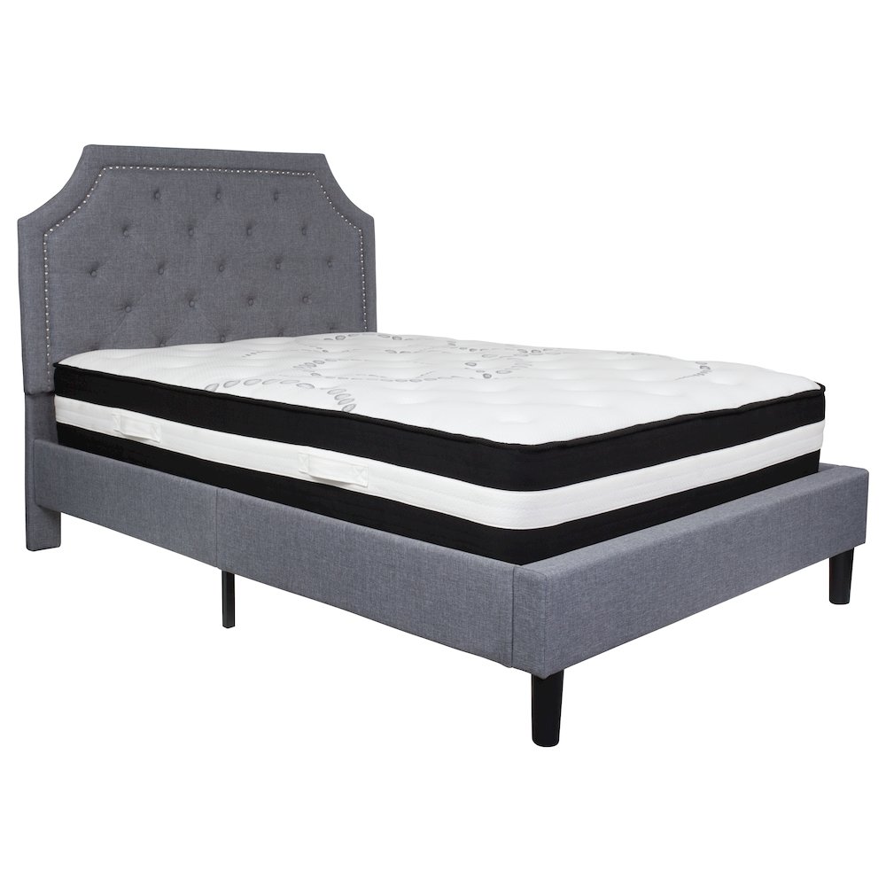 Full Size Platform Bed in Light Gray Fabric with Pocket Spring Mattress