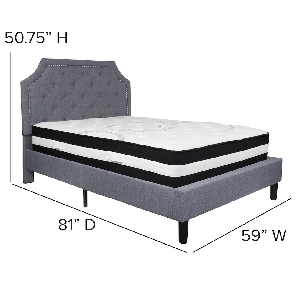 Full Size Platform Bed in Light Gray Fabric with Pocket Spring Mattress