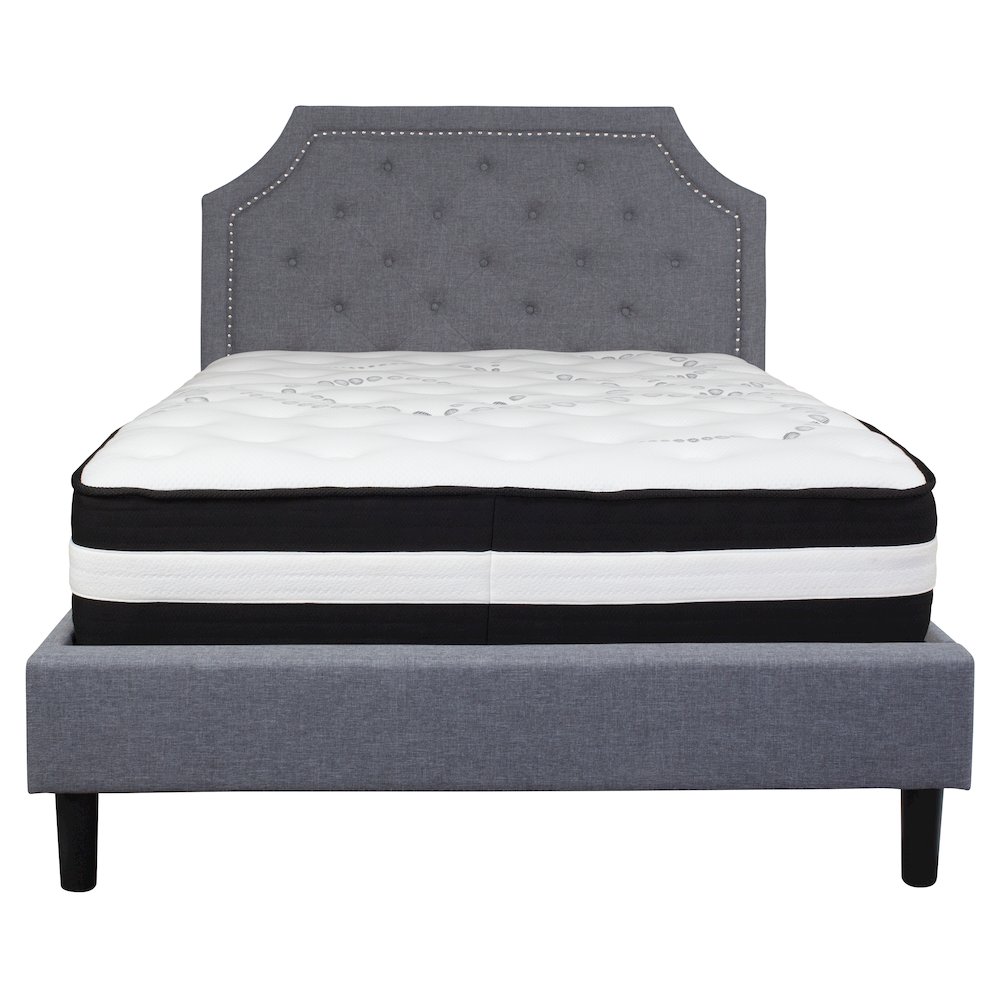 Full Size Platform Bed in Light Gray Fabric with Pocket Spring Mattress