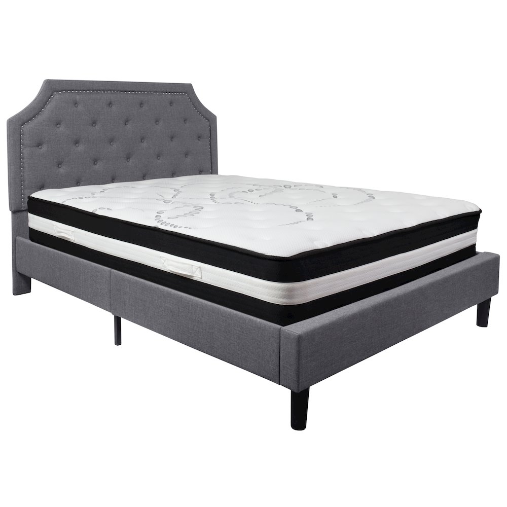 Queen Size Platform Bed in Light Gray Fabric with Pocket Spring Mattress