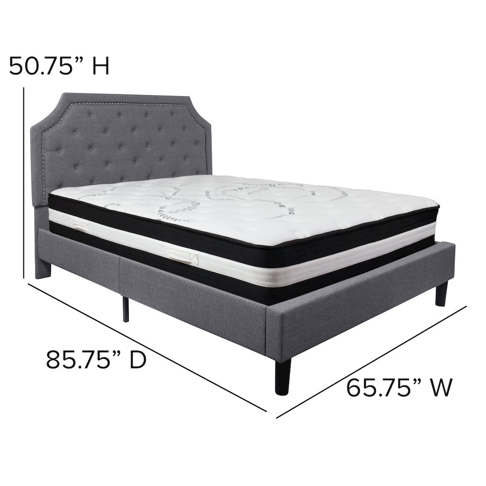 Queen Size Platform Bed in Light Gray Fabric with Pocket Spring Mattress