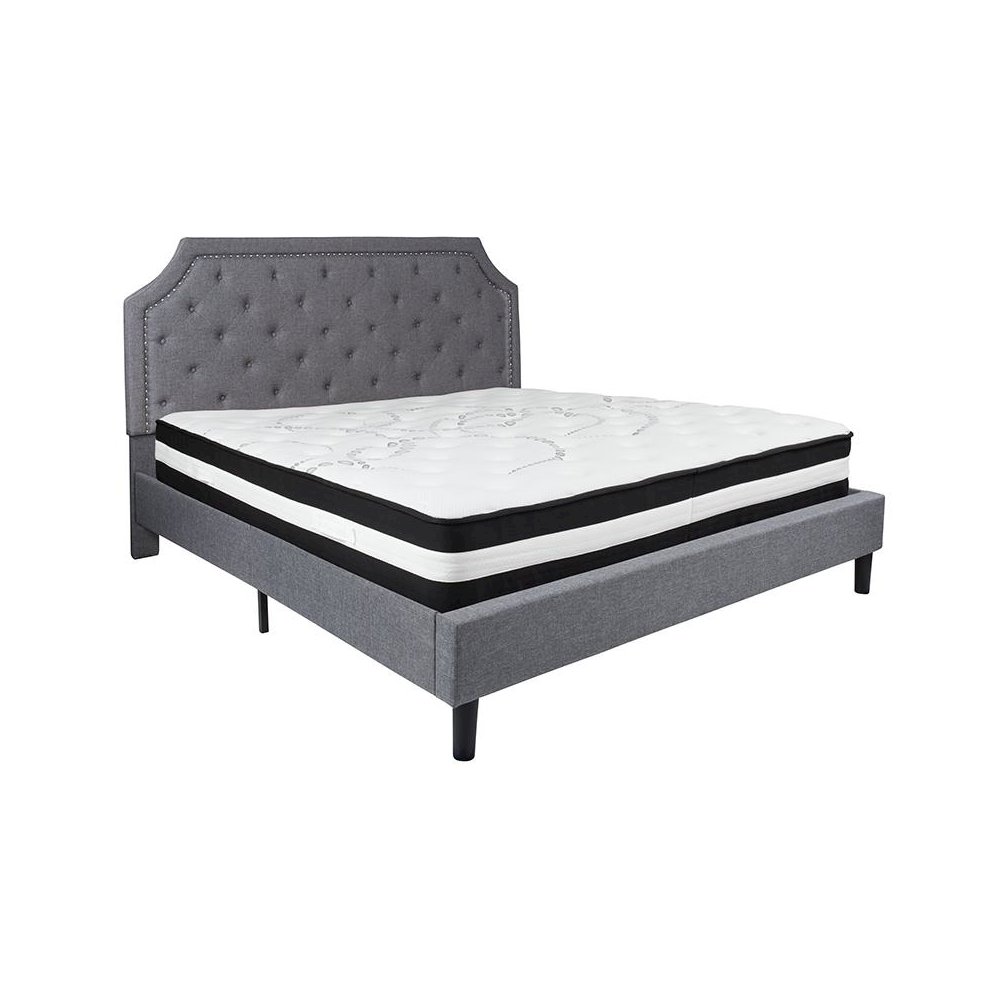 King Size Platform Bed in Light Gray Fabric with Pocket Spring Mattress