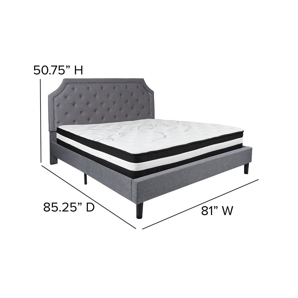 King Size Platform Bed in Light Gray Fabric with Pocket Spring Mattress