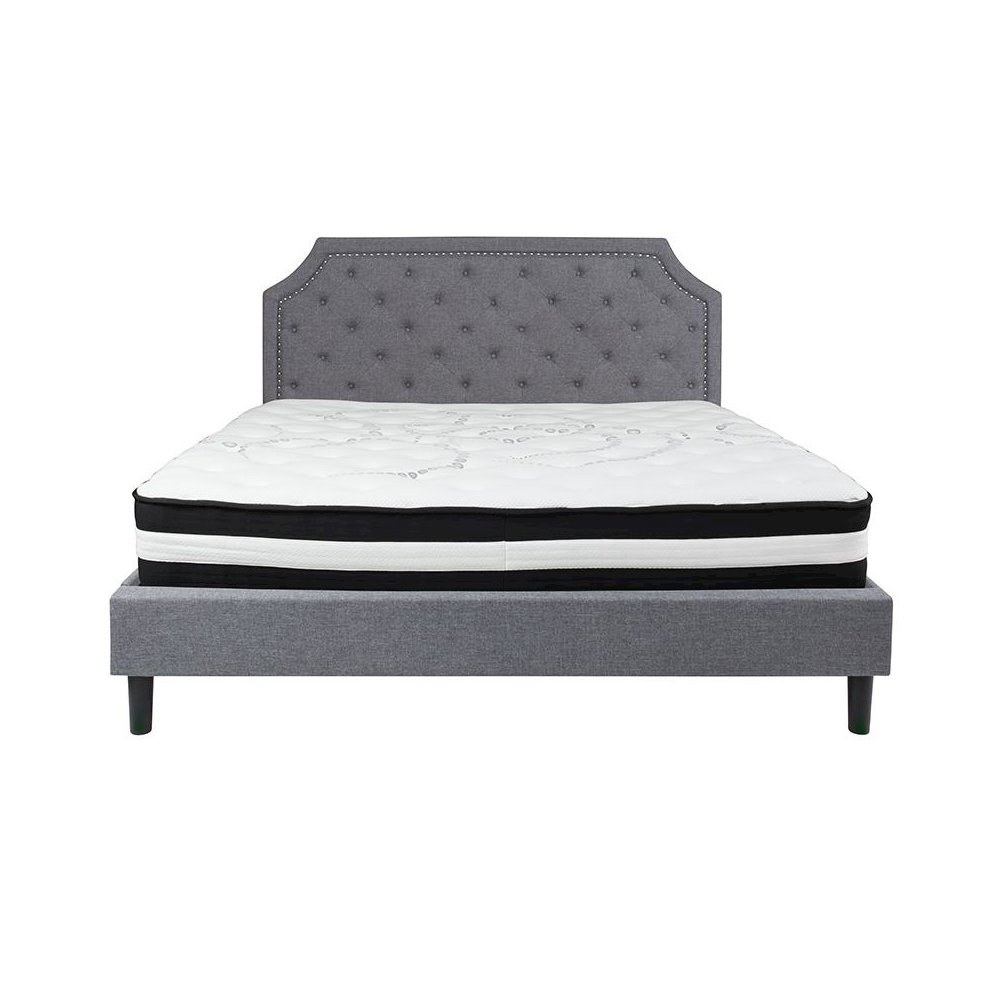 King Size Platform Bed in Light Gray Fabric with Pocket Spring Mattress