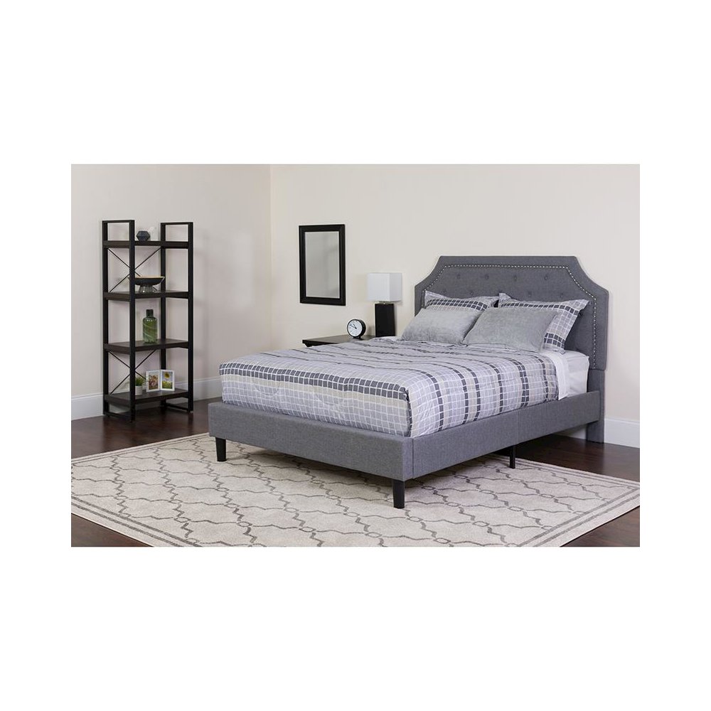 King Size Platform Bed in Light Gray Fabric with Pocket Spring Mattress