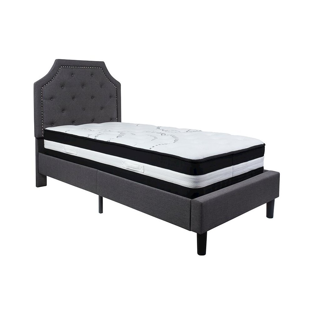 Twin Size Platform Bed in Dark Gray Fabric with Pocket Spring Mattress