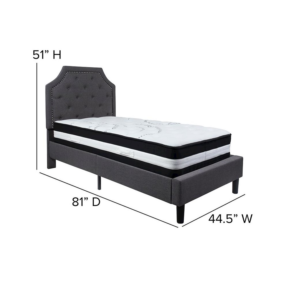 Twin Size Platform Bed in Dark Gray Fabric with Pocket Spring Mattress