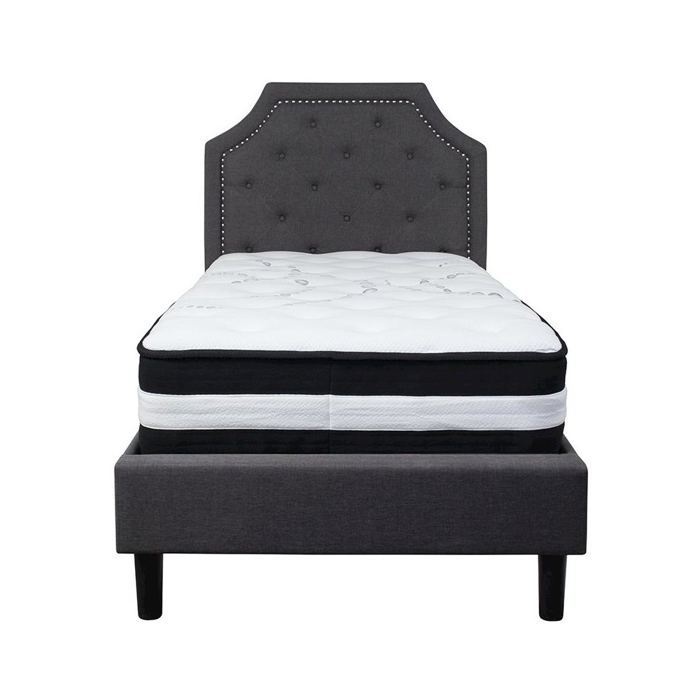 Twin Size Platform Bed in Dark Gray Fabric with Pocket Spring Mattress