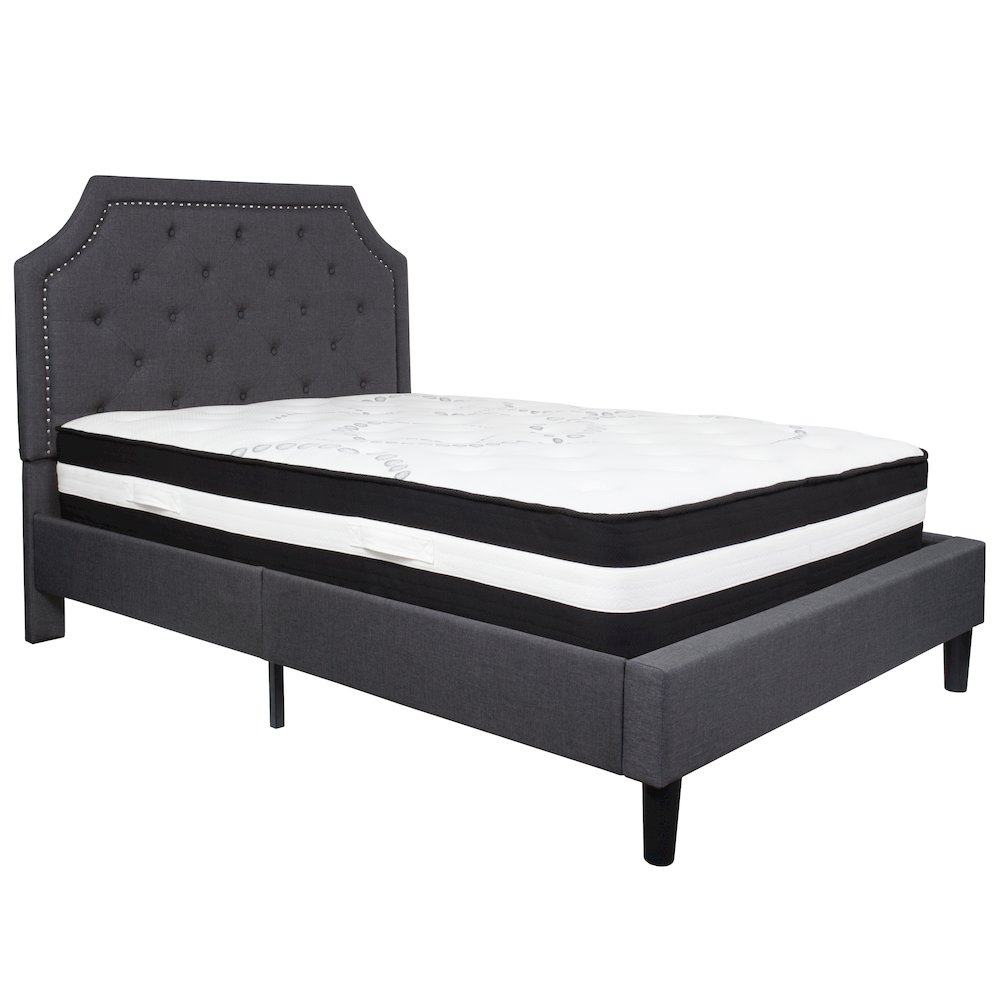 Full Size Platform Bed in Dark Gray Fabric with Pocket Spring Mattress